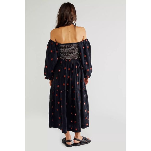 New Free People Dahlia Embroidered Maxi Dress Floral Puff Sleeves $168 sz Medium - Picture 2 of 5